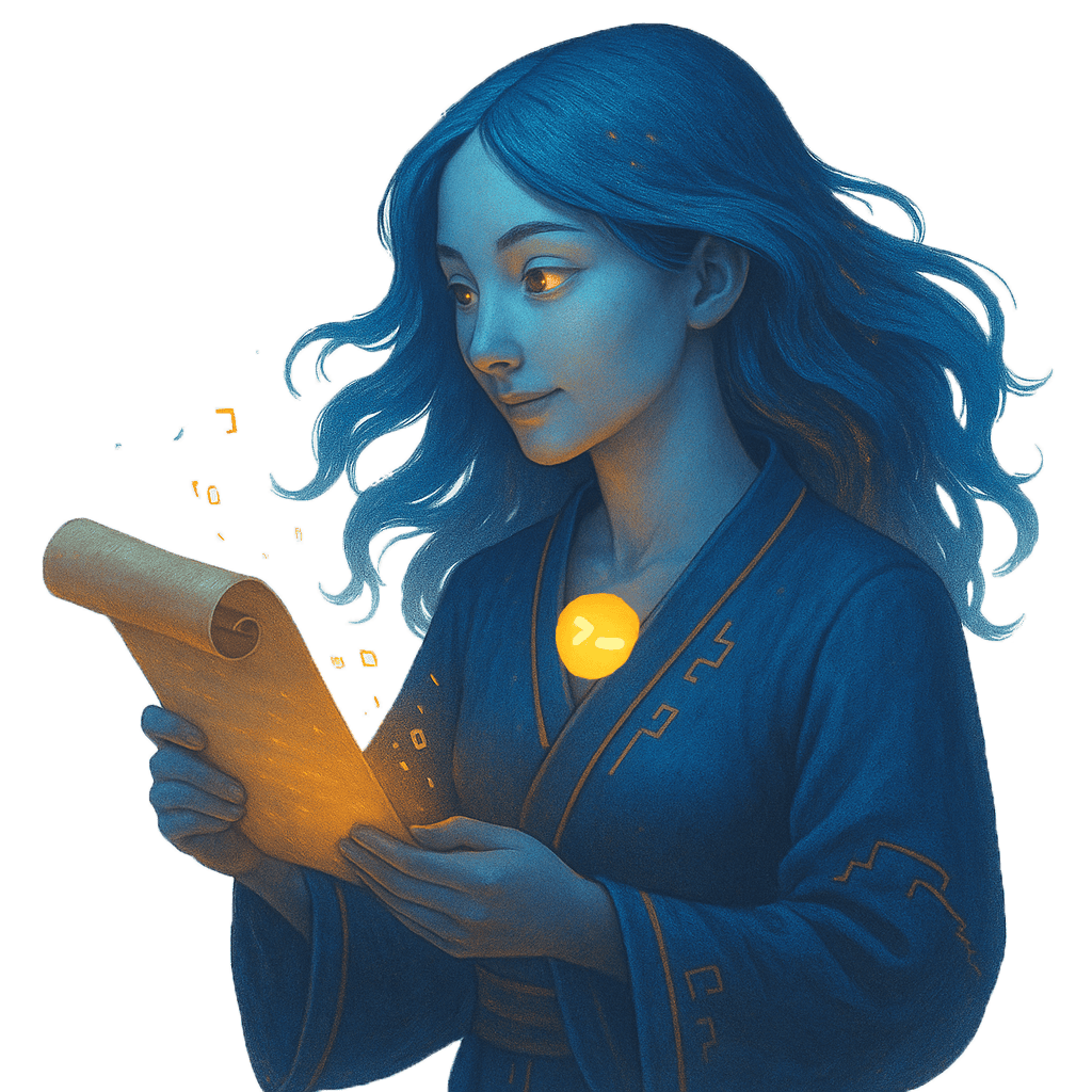 Aia, the digital muse of Daily AI reading a Prompt Scroll